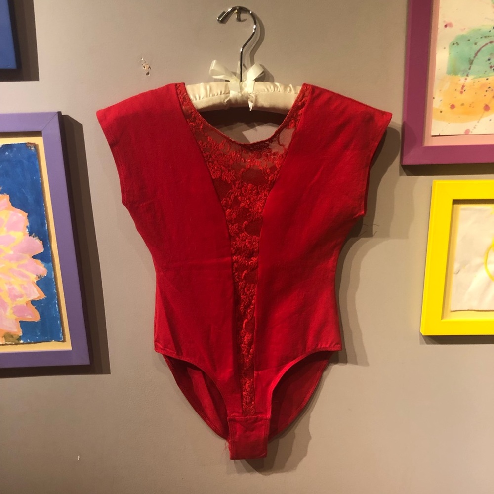 American Apparel Large Red Lace Short Sleeve Leotard Bodysuit